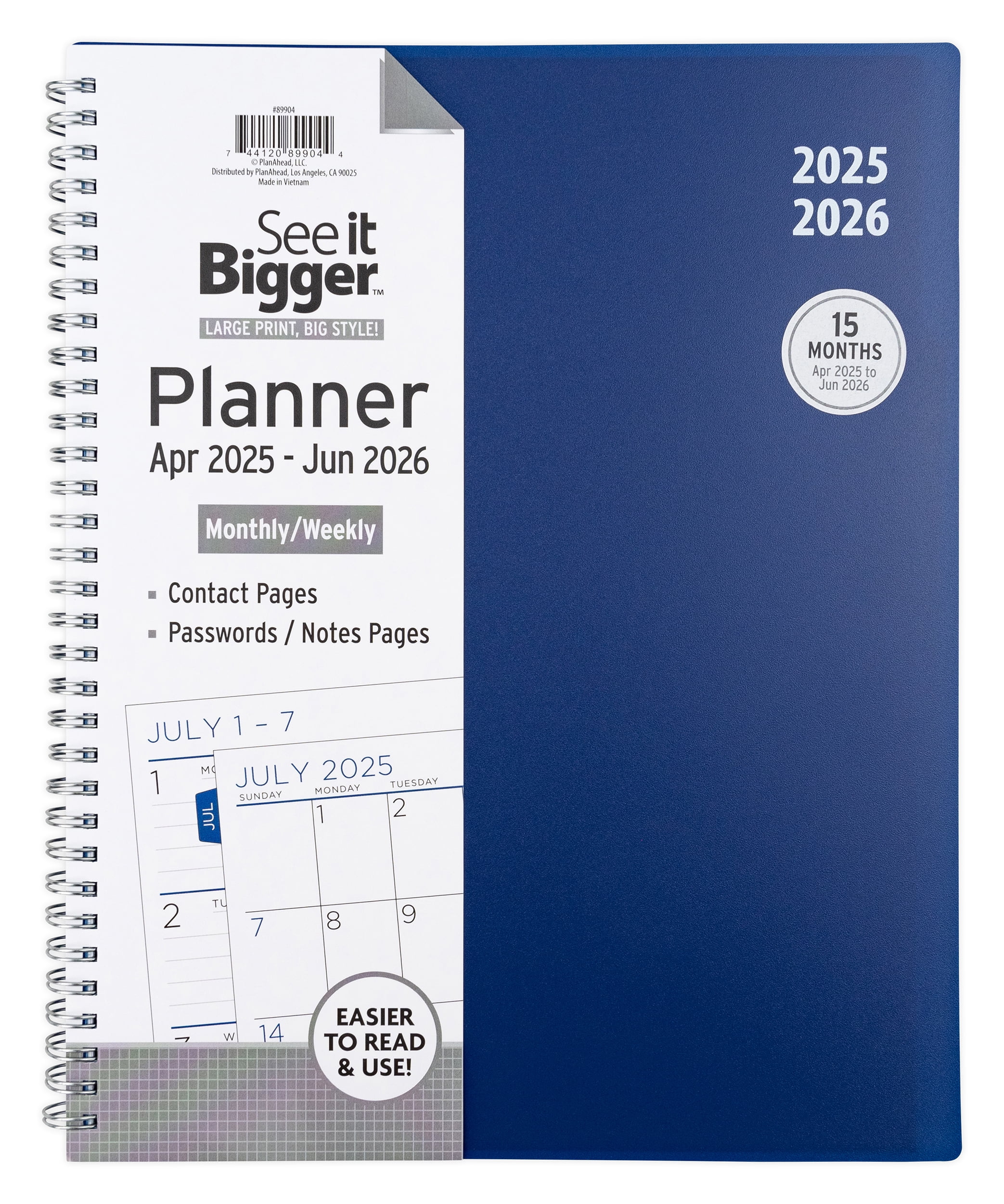 See it Bigger Monthly Weekly Planner Large (9.25 x 11) Blue Solid, 15 month, Apr 2025-Jun 2026