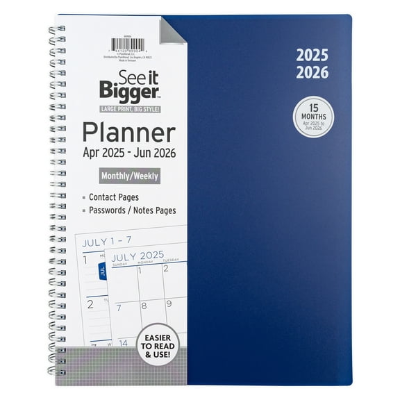 See it Bigger Monthly Weekly Planner Large (9.25 x 11) Blue Solid, 15 month, Apr 2025-Jun 2026