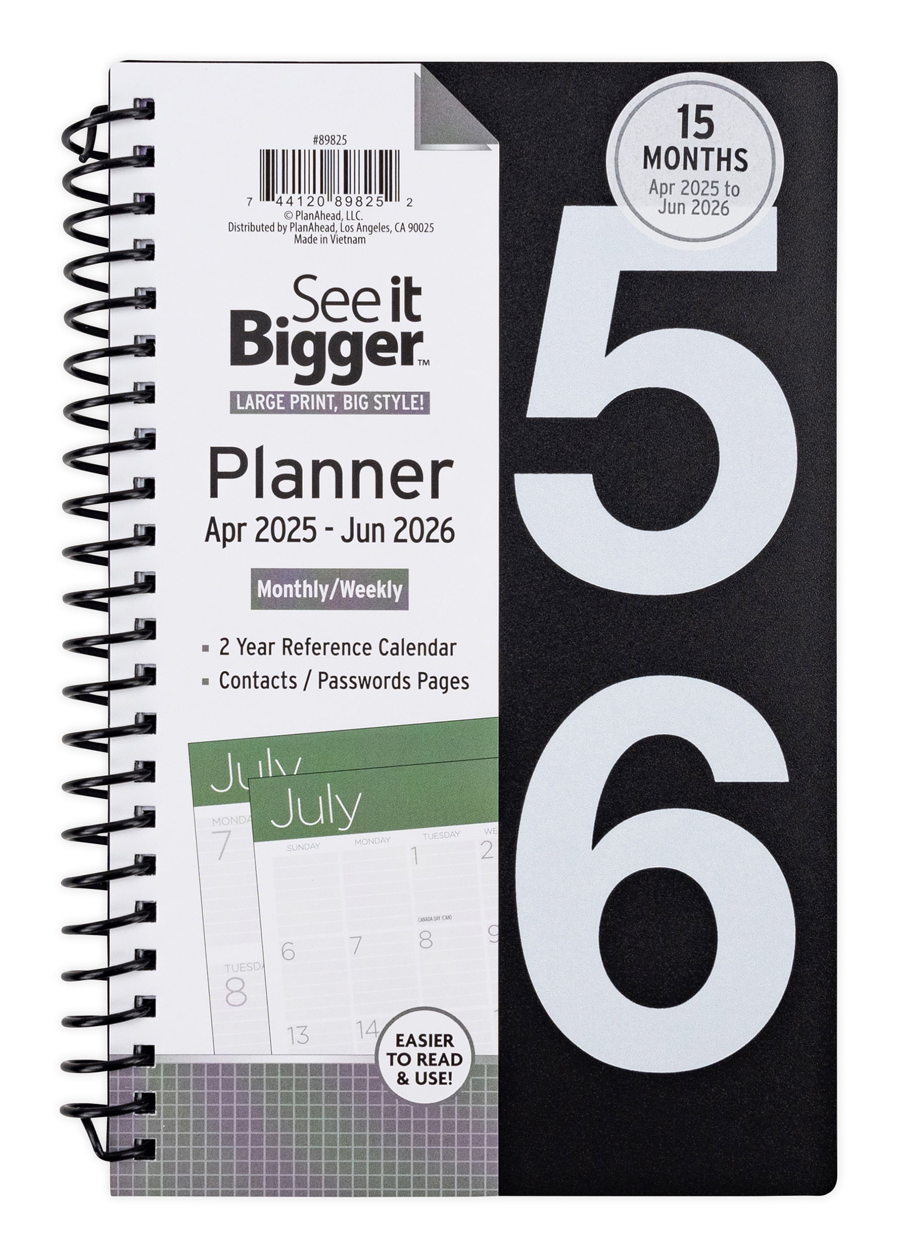 See it Bigger Monthly Weekly Planner Medium (5.5 x 8) Black, 15 month, Apr 2025-Jun 2026