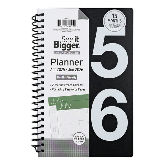 See it Bigger Monthly Weekly Planner Medium (5.5 x 8) Black, 15 month, Apr 2025-Jun 2026