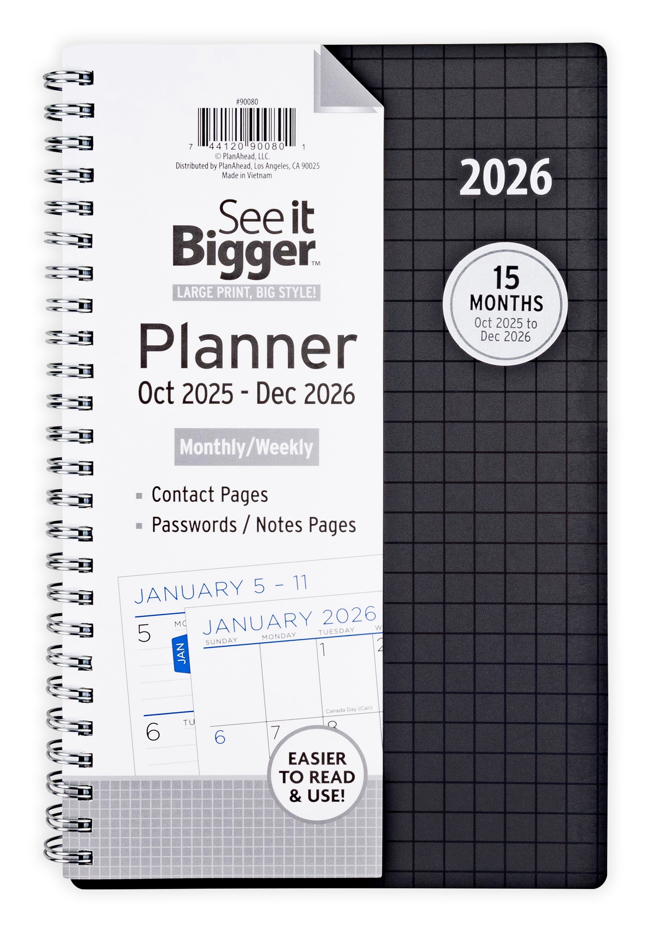 See it Bigger Monthly Weekly Planner Medium (5.5" X 8.75") Black, 15-Month, Oct 2025-Dec 2026