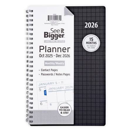 See it Bigger Monthly Weekly Planner Medium (5.5 X 8.75) Black 15-Month Oct 2025-Dec 2026