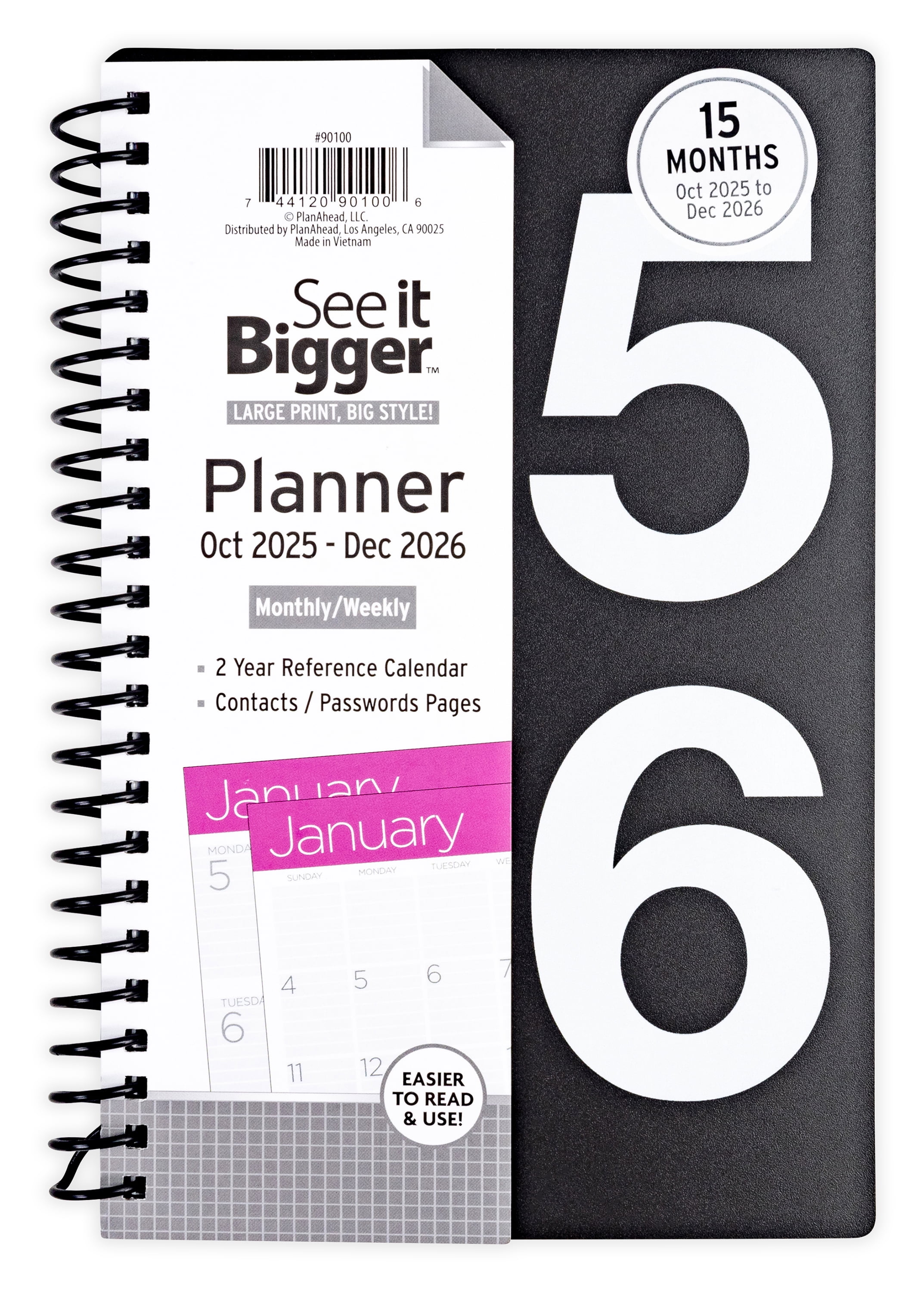 See it Bigger Monthly Weekly Planner Medium (5.25" x 8") Black, 15-month, Oct 2025-Dec 2026