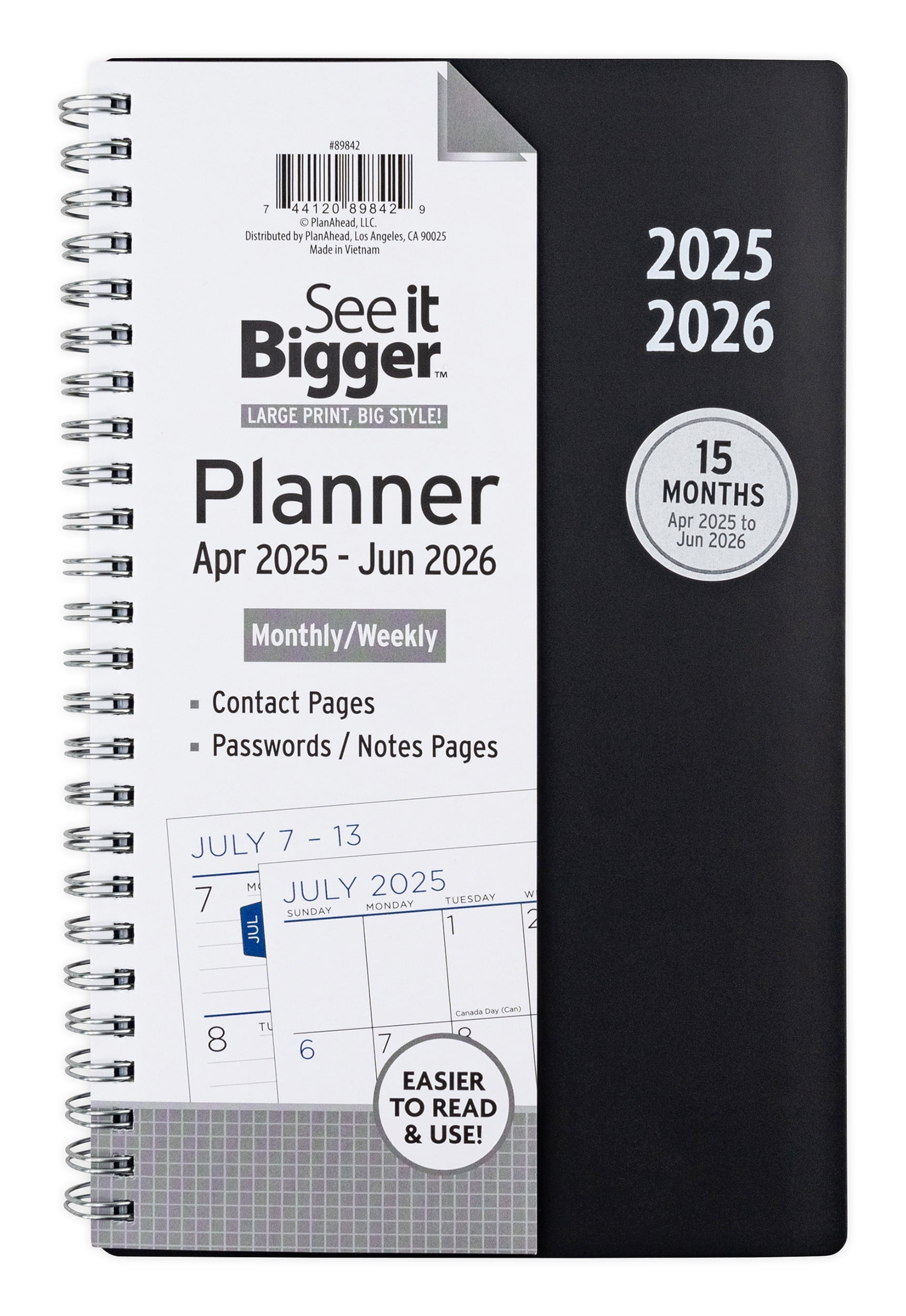 See it Bigger Monthly Weekly Planner Medium (6 x 8.5) Black, 15 month, Apr 2025-Jun 2026