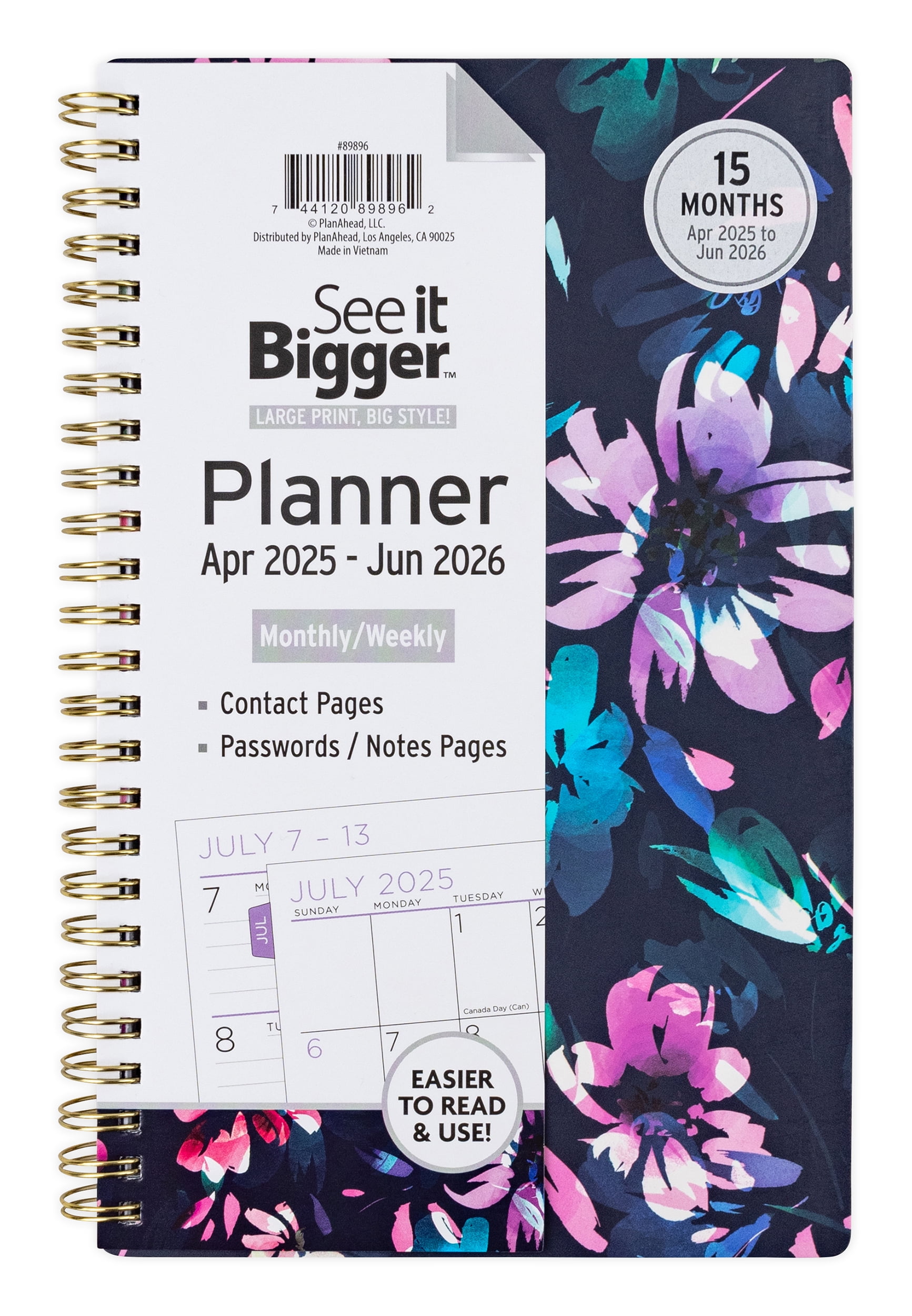 See it Bigger Monthly Weekly Planner Medium (6 x 8.5) Blue Floral, 15 month, Apr 2025-Jun 2026