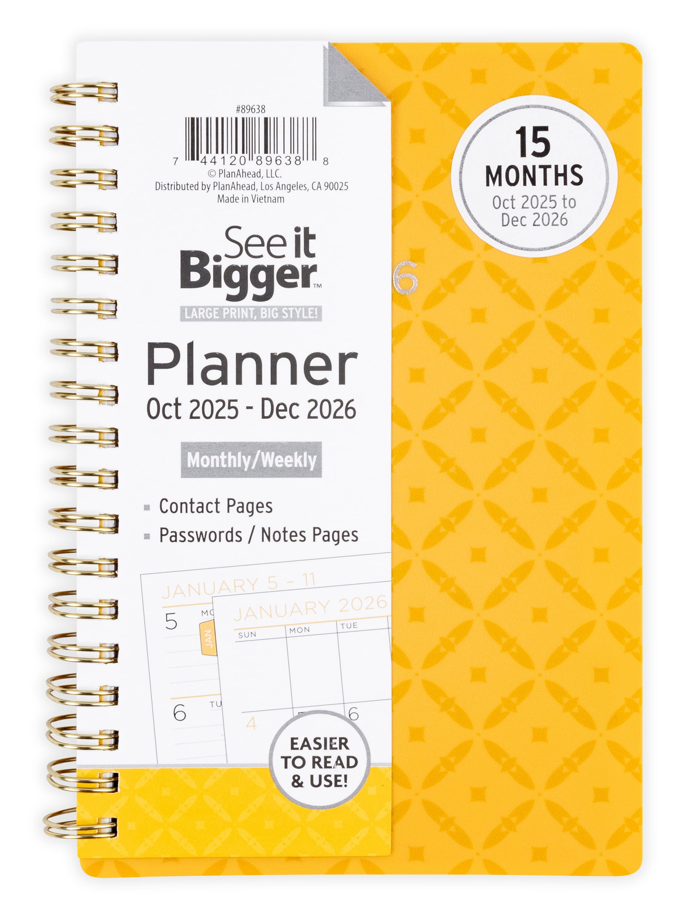 See it Bigger Small Monthly Weekly Planner 15-Month, Oct 2025-Dec 2026