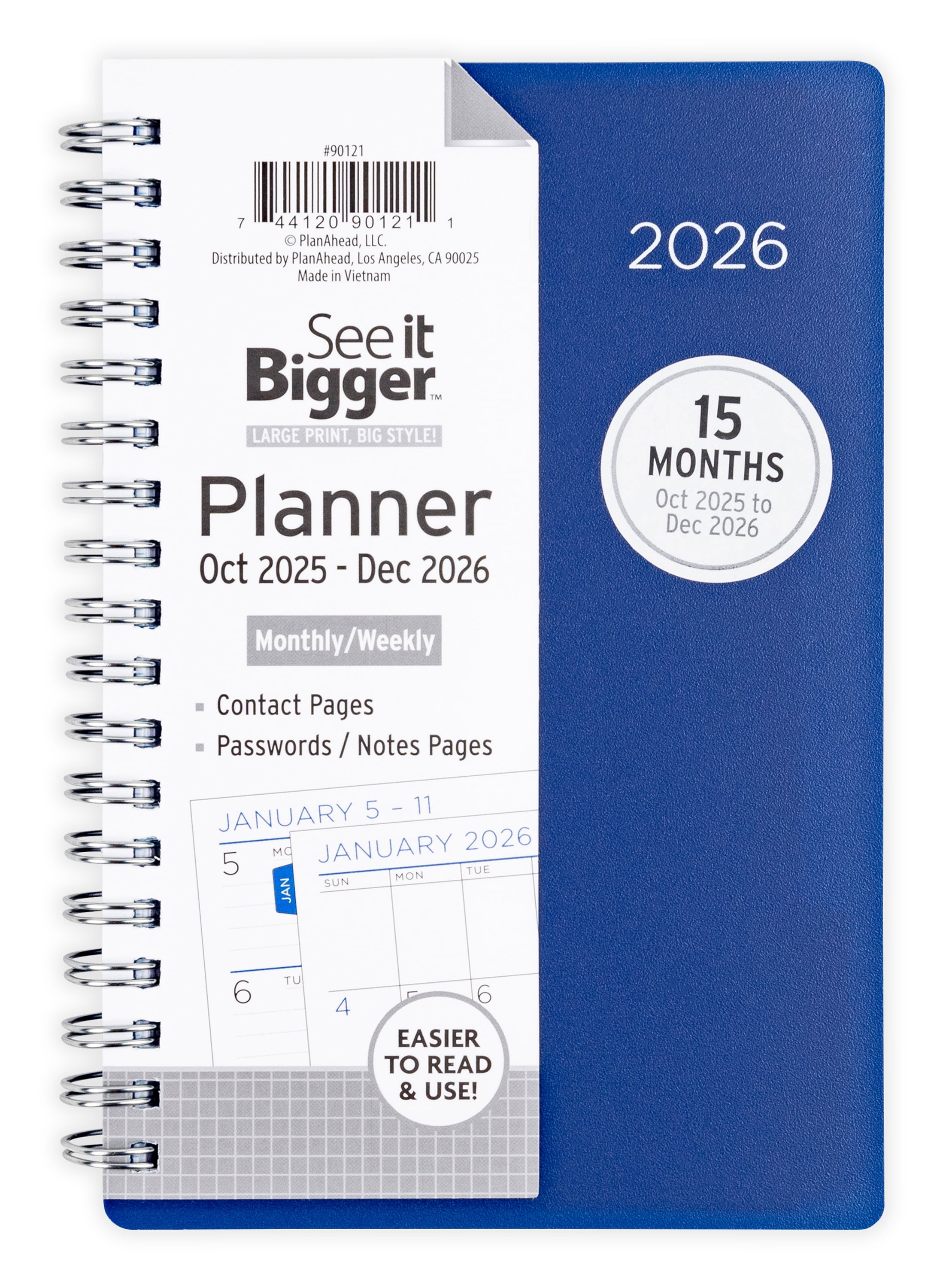 See it Bigger Monthly Weekly Planner Small (3.75 X 6.26) Blue 15-Month Oct 2025-Dec 2026