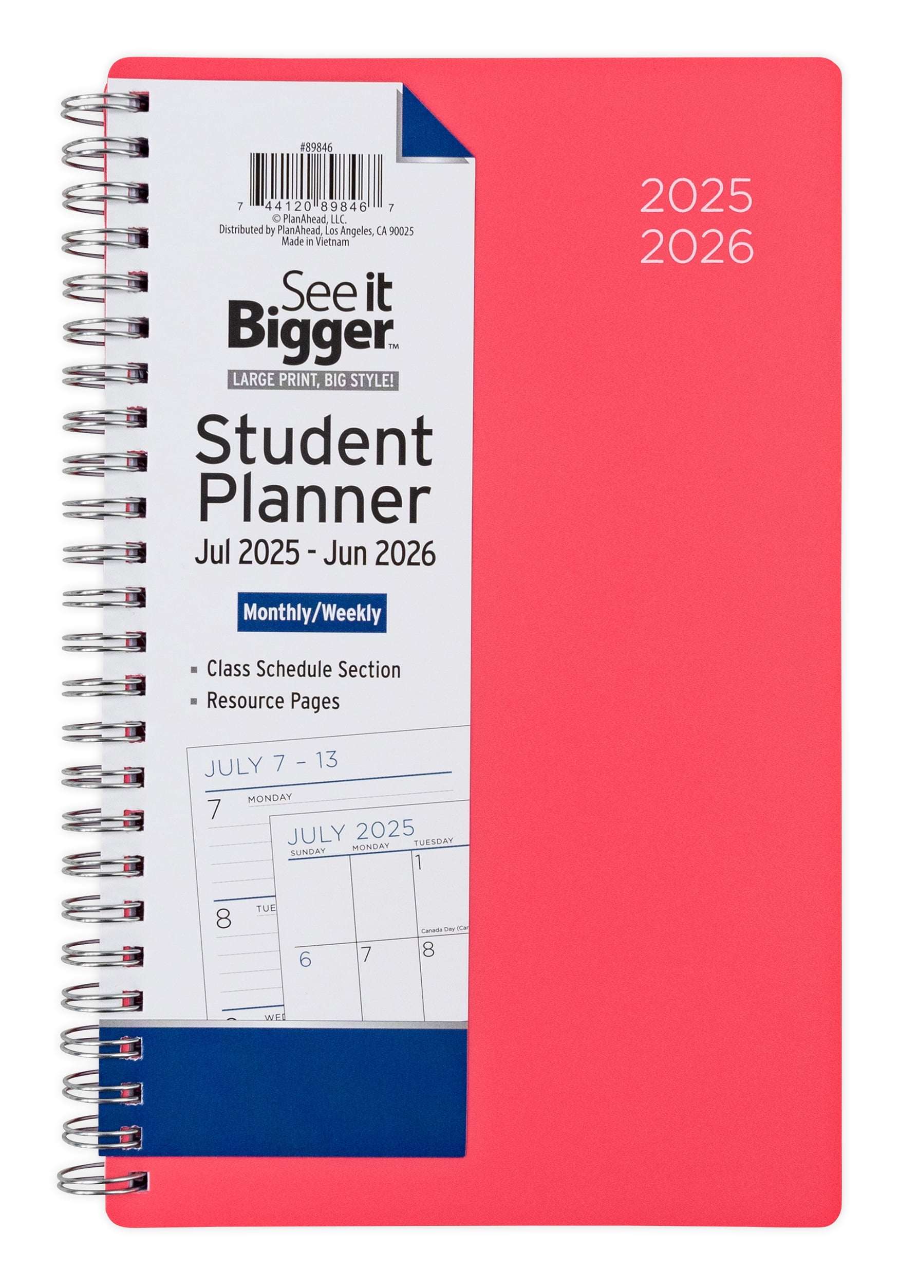 See it Bigger Monthly Weekly Student Planner Medium (6 x 8.5) Pink, 12 month, Jul 2025-Jun 2026
