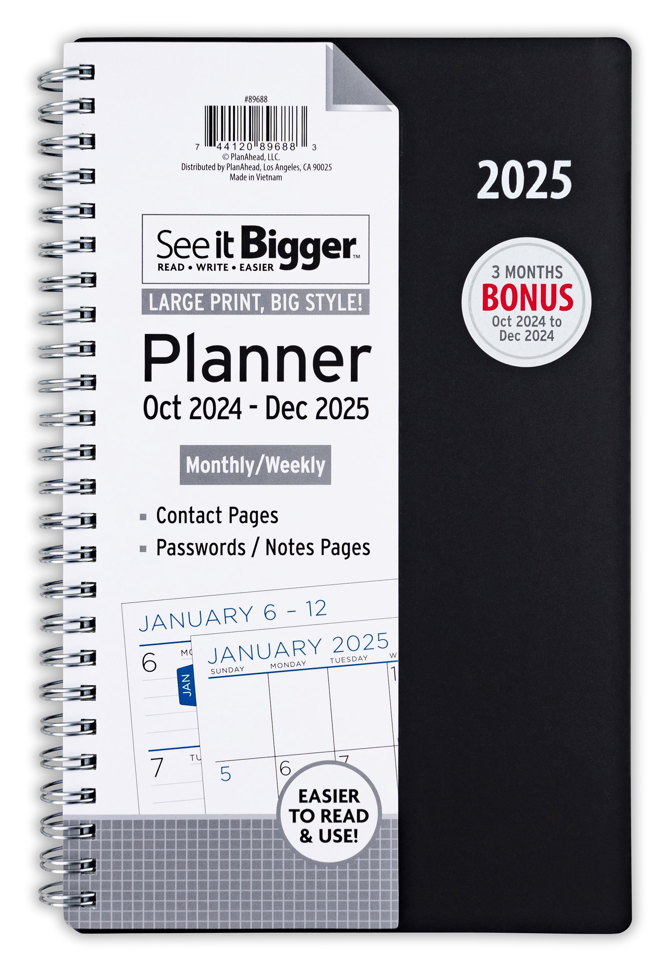 See it Bigger October 2024 - December 2025 Weekly Dated Planner (5.75"x 8.75") Black