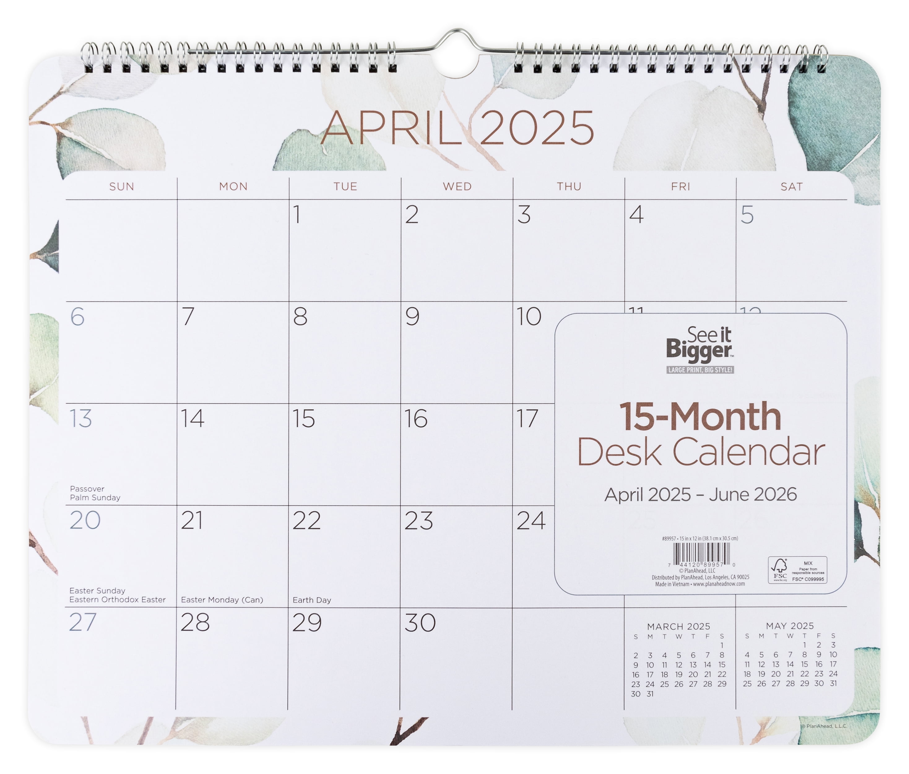 See it Bigger Wall Calendar Medium (15 x 12) Green Leaf, 15 month, Apr 2025-Jun 2026