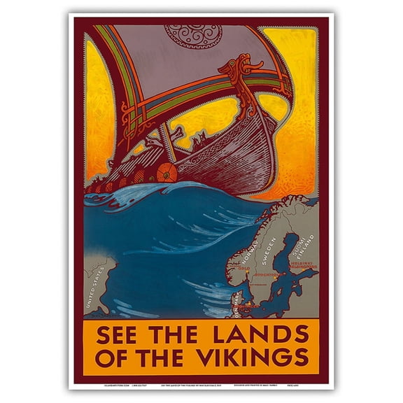 See the Land of the Vikings - Map of Scandinavia - Viking Ship - Vintage Travel Poster by Ben Blessum c.1937 - Master Art Print 10in x 14in