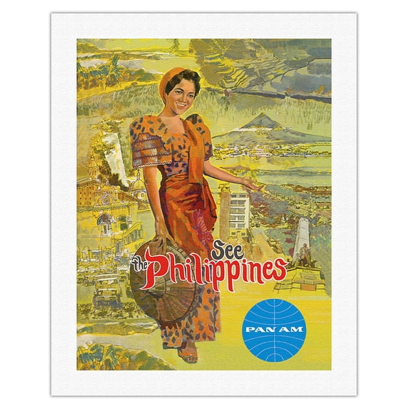 See the Philippines - Pan American World Airways - Vintage Airline Travel Poster c.1961 - Fine Art Rolled Canvas Print 20in x 26in