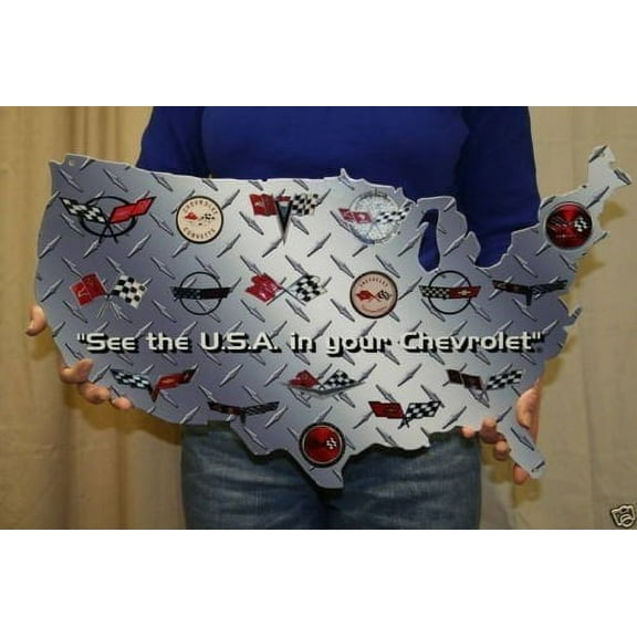 "See the USA in your Chevrolet" Corvette USA Map Metal Sign - 24" x 14"