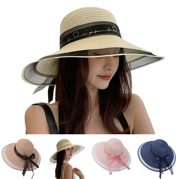 See-through Women Straw Hat, Large Brim Headwear Bow-knot Decor, Mesh Sun Protection Elegant Summer Vacation Lady Summer Hat