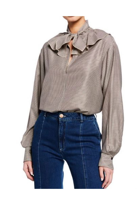 SeeByChloe Tie-Neck Ruffle Check Long-Sleeve Blouse, Sunny Beige, 36