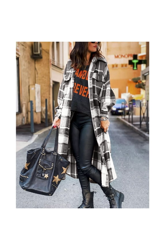 Women's Casual Flannel Long Plaid Shirt Jacket Button Down Pocketed Shirt Shacket