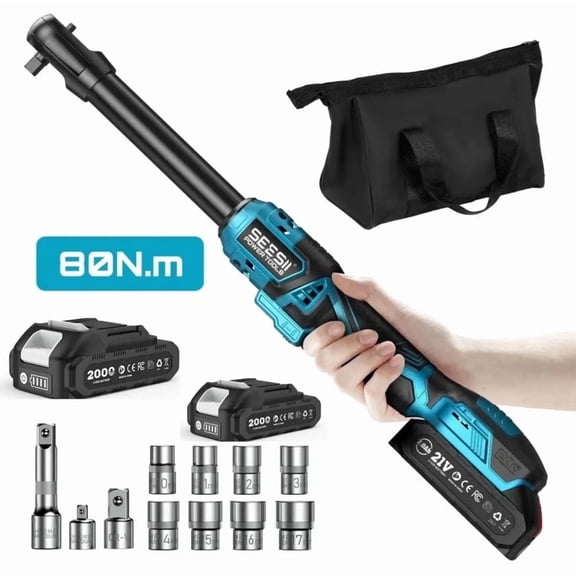 SEESII Extended Cordless Ratchet Wrench 21V 3/8" 80NM Brushless Electric Wrench Set 400RPM 2*Battery