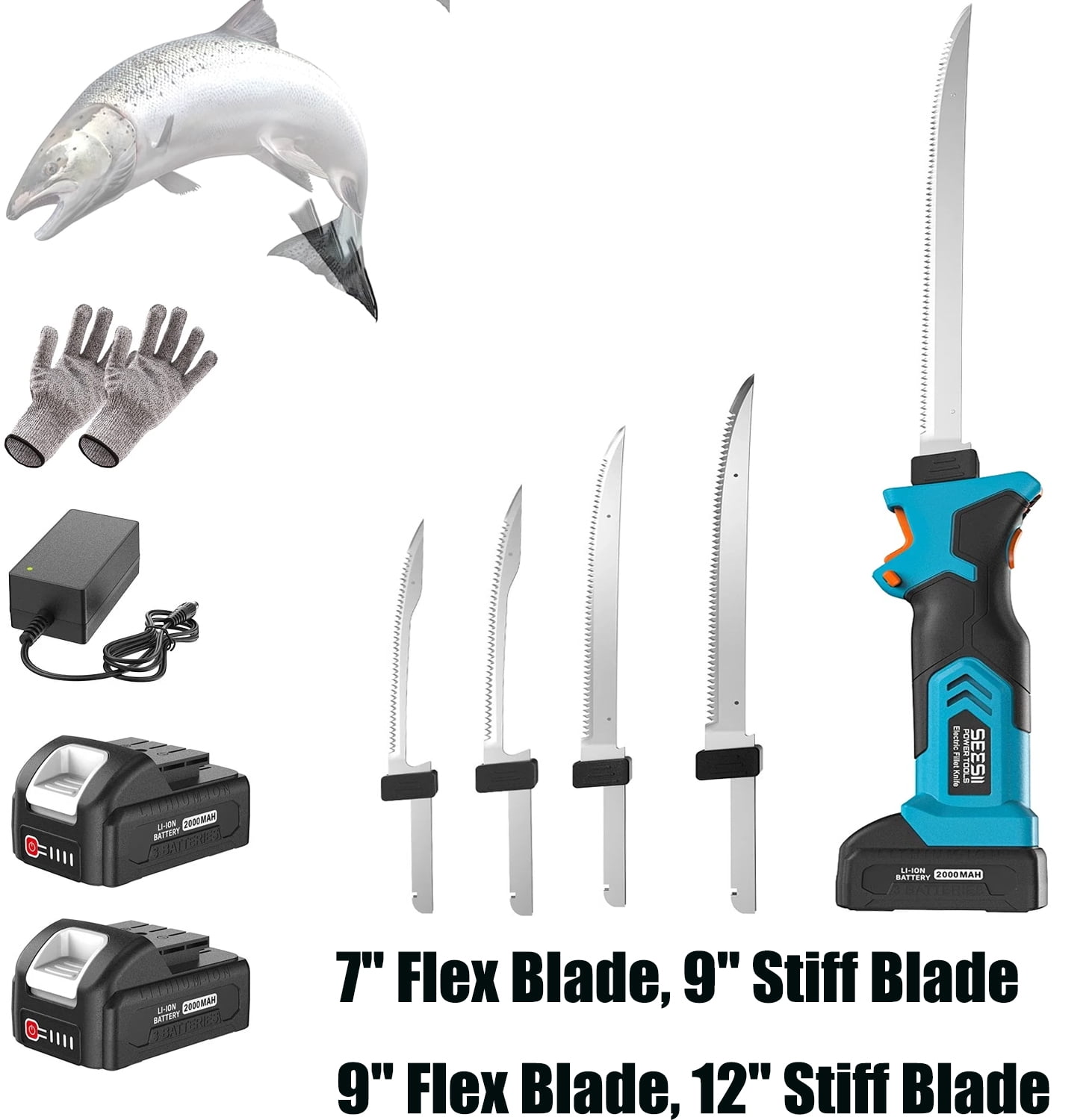 SEESII Electric Fillet Knife Set: 4 Stainless Steel Blades, 21V 2