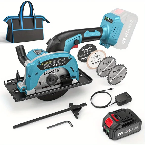 SeeSii Cordless Mini Circular Saw, 4-1/ 2" Electric Compact Circular Saw with 4.0Ah Battery, 5380RPM, 4 Saw Blades, Rip Guide, Max Cutting Depth 1-11/ 16"(90°), 1-1/ 8"(45°)