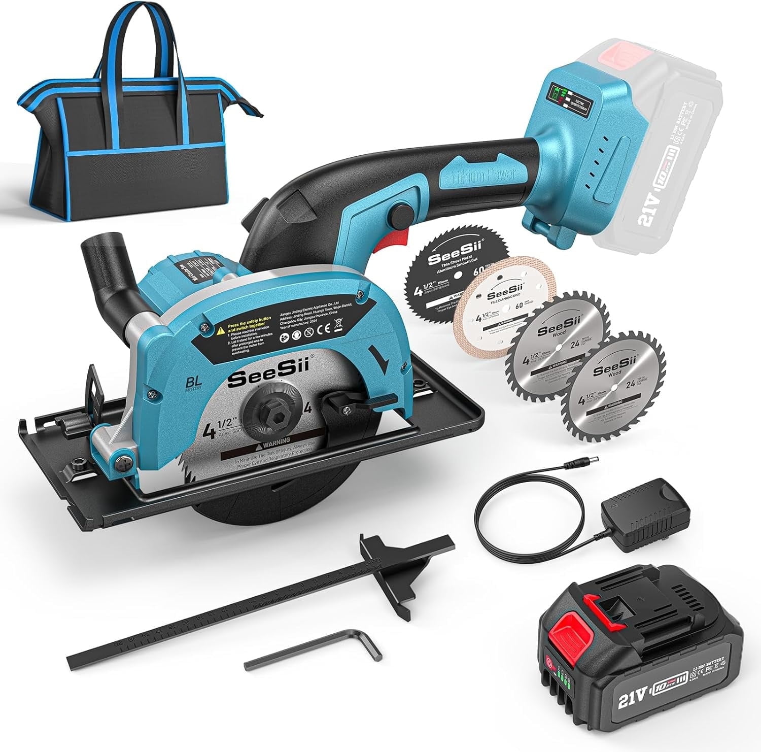 SeeSii Mini circular saw cordless compact electric 4-1/2 with 4.0 Ah battery, 5380 rpm, 4 saw blades, crevice guide, maximum cutting depth 1-11/16 (90), 1-1/8 (45)