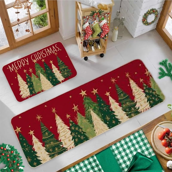 Seebayas 2 Pcs Non-Slip Christmas Kitchen Rugs and Mats Set, L-Shaped Anti-Fatigue Floor Mat with Water Oil Absorption, 16x24 & 16x48 Inch for Kitchen Entryway Doorway Holiday Decor