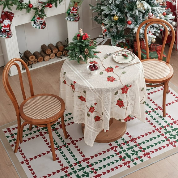 Seebayas Christmas Tablecloth 140x100cm/140x140cm Beige Embroidery Linen Fabric Square Rectangular Dining Coffee Table Top Protection Decoration for Home Party