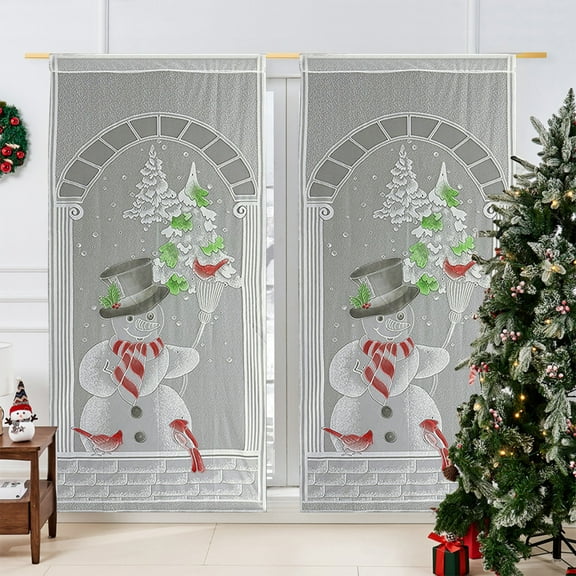 Seebayas Christmas Tree Lace Curtain with Snowman Design, 200x100 cm White Polyester Decoration for Holiday Home, Easy Install Thermal Insulating Window Drape