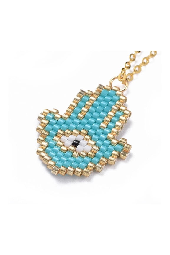 Seed Bead Pendant Necklace Chain Stainless Steel Hamsa Eye White 18" A279