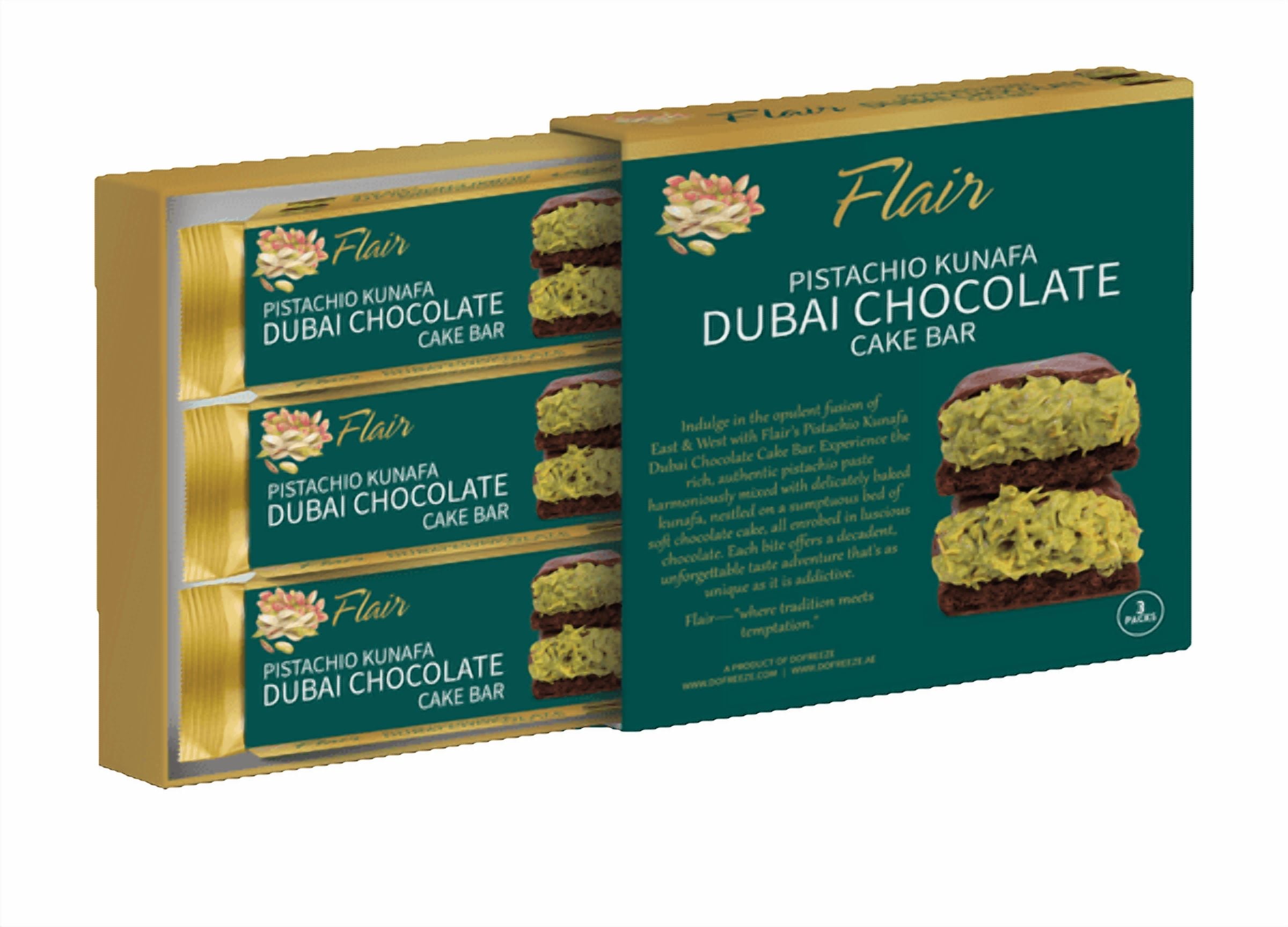 Flair Dubai Pistachio Kunafa Chocolate Cake Bar - 3pcs Box 165gm (5.8oz)