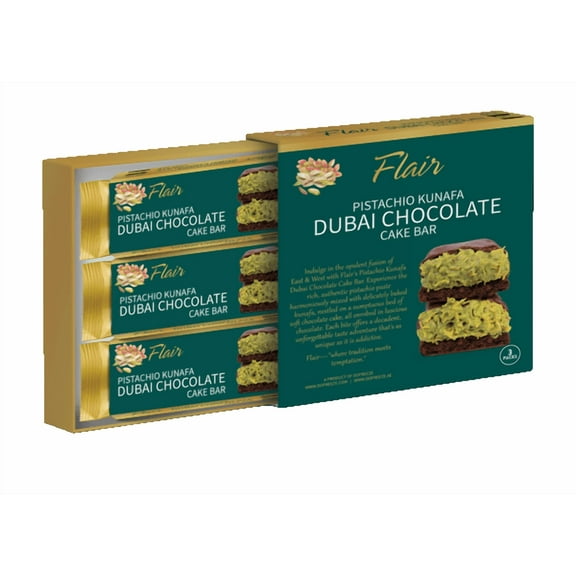 Flair Dubai Pistachio Kunafa Chocolate Cake Bar - 3pcs Box 165gm (5.8oz)