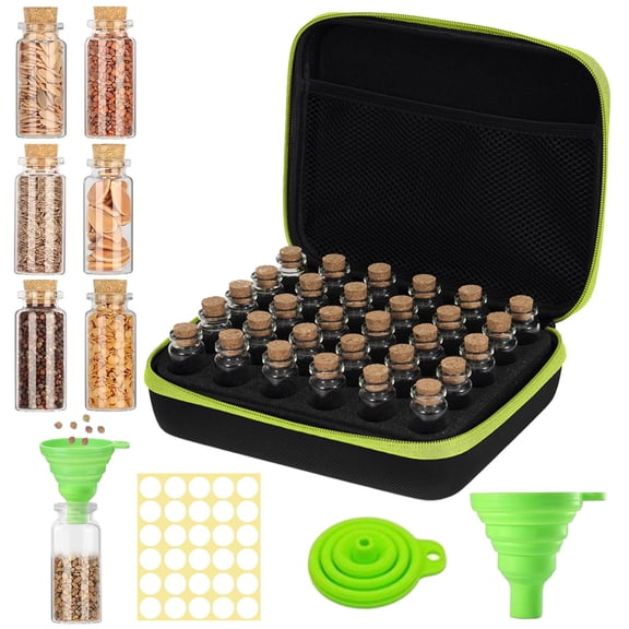 Seed Organizer Storage Box, 30 Slots Plant Storage Containers Glass Drift Bottle DIY Storage Bottle with Labels Stickers, Funnel, Tweezer for Flower Vegetable Plants, Shells, Crafts-green