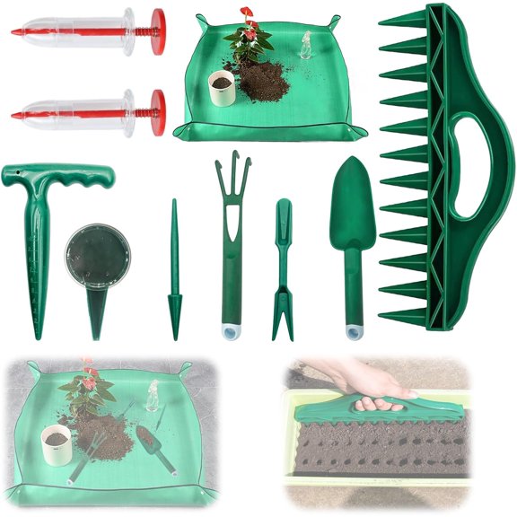 Seed Planter Tool Kit 10Pcs Indoor & Outdoor Gardening Tool Potting Mat | Thickened Repotting Mat, Plant Kit, Seed Planting Tools, Lawn & Garden Spreaders, Mini Garden tools, Garden Seeder