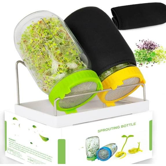 Seed Sprouting Kit - 2 Large Wide Mouth Mason Jars with Screen Sprout Lids, 2 Blackout Sleeves, Drain Tray, Stainless Steel Stand, Sprouts Growing Kit for Growing Broccoli, Mung Bean, Alfalfa and More