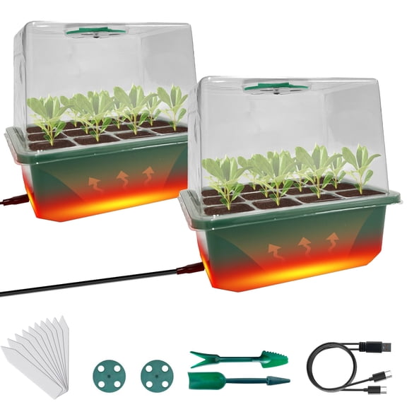 Seed Starter Kit with Built-in Heat, 24-Cell Plant Starter Tray Set, 2-Pack Propagation Trays with Humidity Dome, Mini Greenhouse Germination Kit for Seedlings
