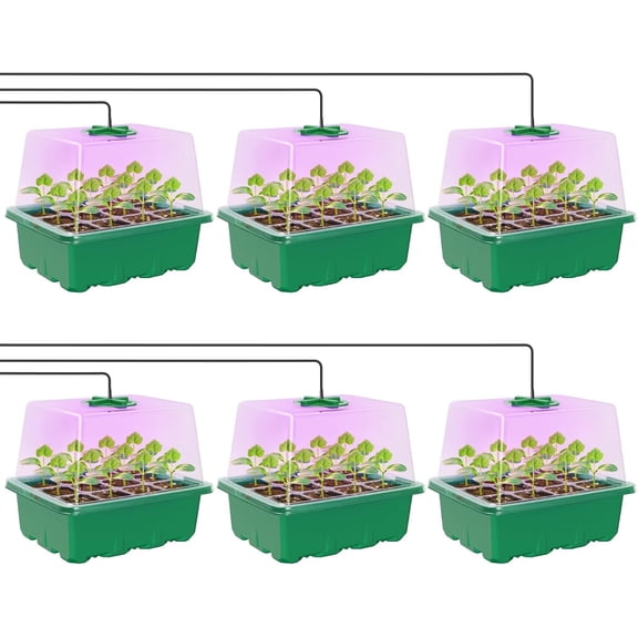 Seed Starter Kit with Grow Light, Elevated Seedling Tray Kit with Adjustable Humidity Dome and Clear Cell Tray, 12 Full Spectrum Led Beads for Seed Starting Greenhouse, 6 Pack, Green
