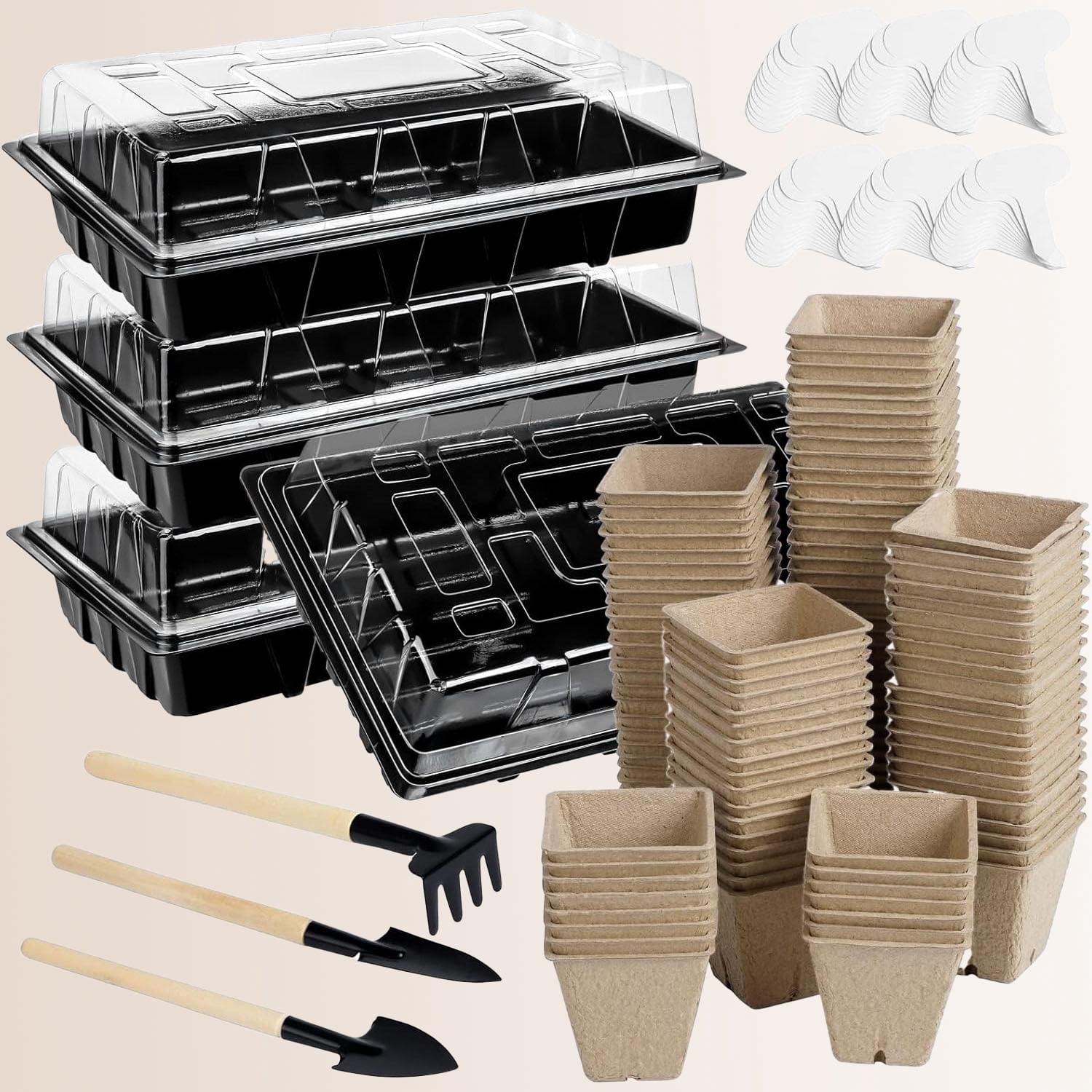 Seed Starter Kit Including Peat Pots, Seed Starter Tray with Plant Labels, Tool, Plastic Growing Trays, Germination Tray Paper Seedling Cups for Indoor Outdoor Garden