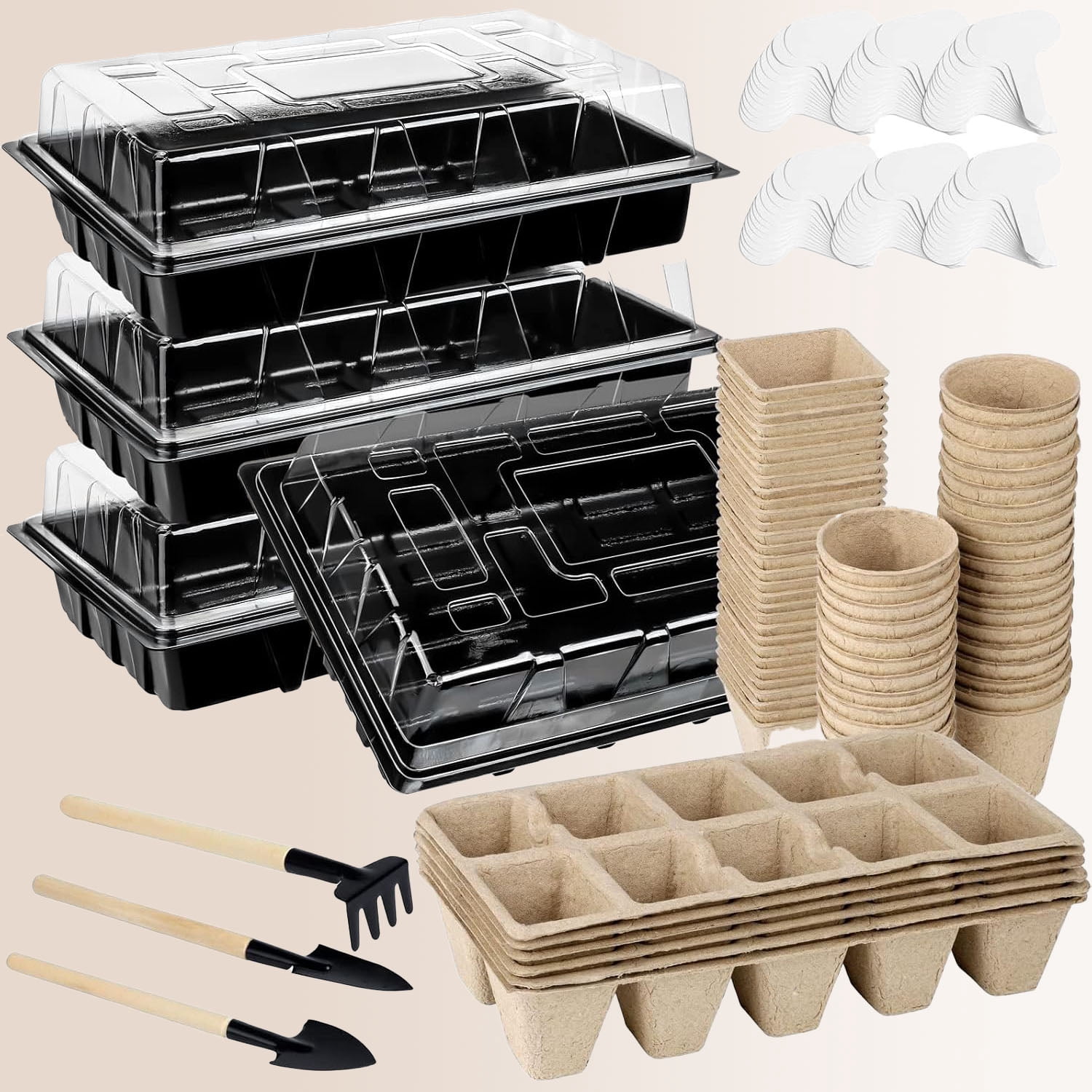 Seed Starter Kit Including Seed Starter Tray Peat Pots with Plant Labels, Tool, Plastic Growing Trays Germination Tray Paper Seedling Cups for Indoor Outdoor Garden
