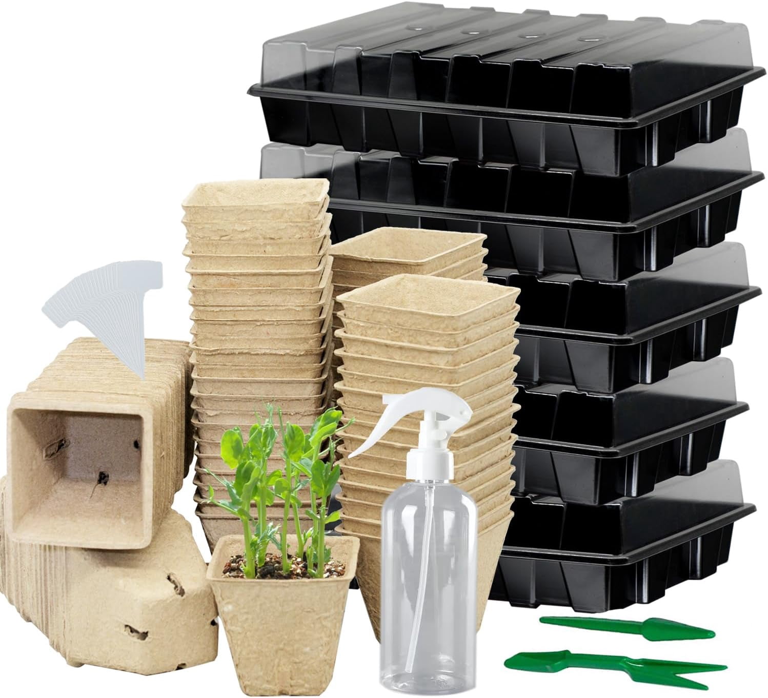 Seed Starter Kit with Peat Pots for Seedlings Tray, Including 100 Square Biodegradable Pods, 5 Plastic Growing Trays Adjustable Dome& Spray Bottle