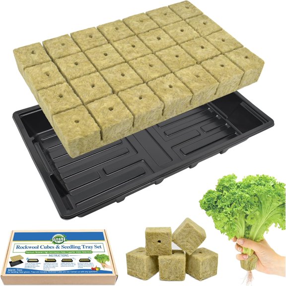 Seed Starter Kit, Reusable Plant Germination Trays with 28 Pcs Rockwool Cubes, Indoor Greenhouse Gemination for Hydroponic Cuttings Propagation Clone Gardening