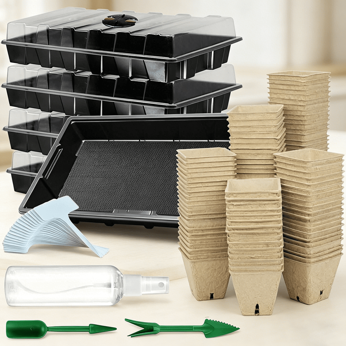 Seed Starter Kit with Peat Pots, Seed Starter Tray, Plastic Growing Trays with Water Strainer, Plant Labels & Garden Tools for Outdoor or Indoor