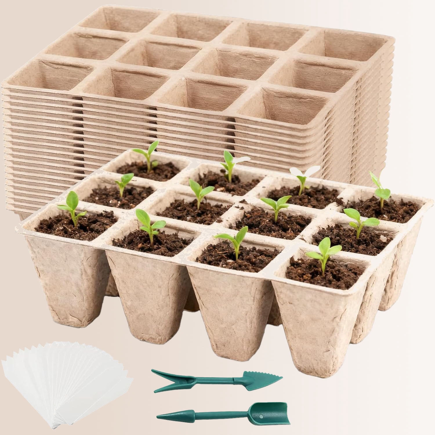Seed Starter Tray, Biodegradable Peat Pots Seed Starter Kit, Organic Germination Trays for Seedlings with Plant Labels & Garden Tools