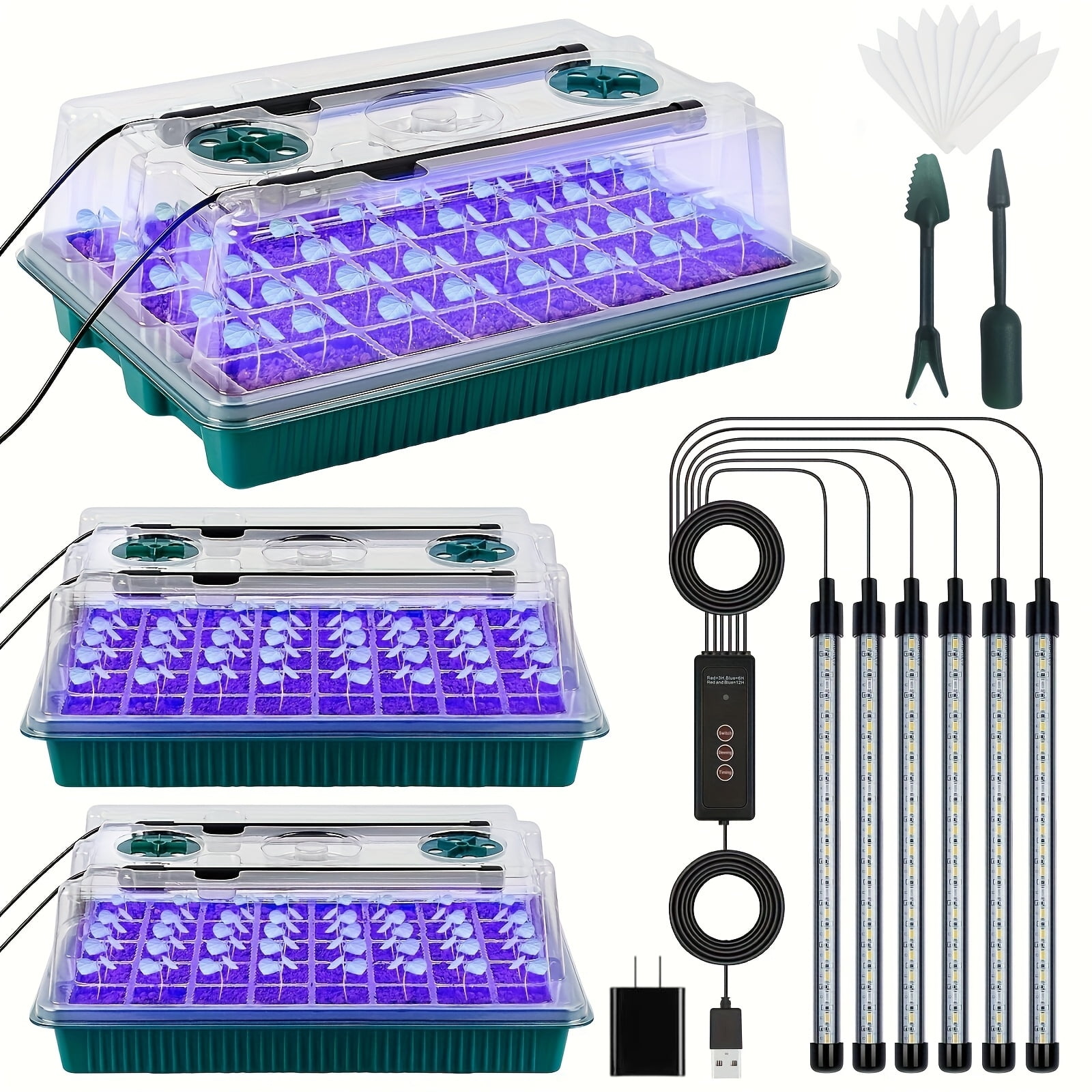 Seed Starter Tray with Grow Light,3 Pack 120 Cells Seedling Tray Kit with Humidity Dome/Indoor Plant Starter Kit, Adjustable Brightness Plant Germination Trays