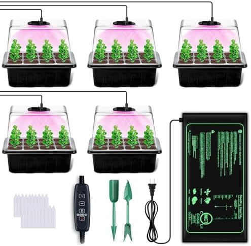 Seed Starter Tray with Grow Light, 5 Pack Seed Starter Kit with Heat Mat, Seed Tray with Timing Controller Adjustable Brightness and Humidity Domes Heightened Lids, Black