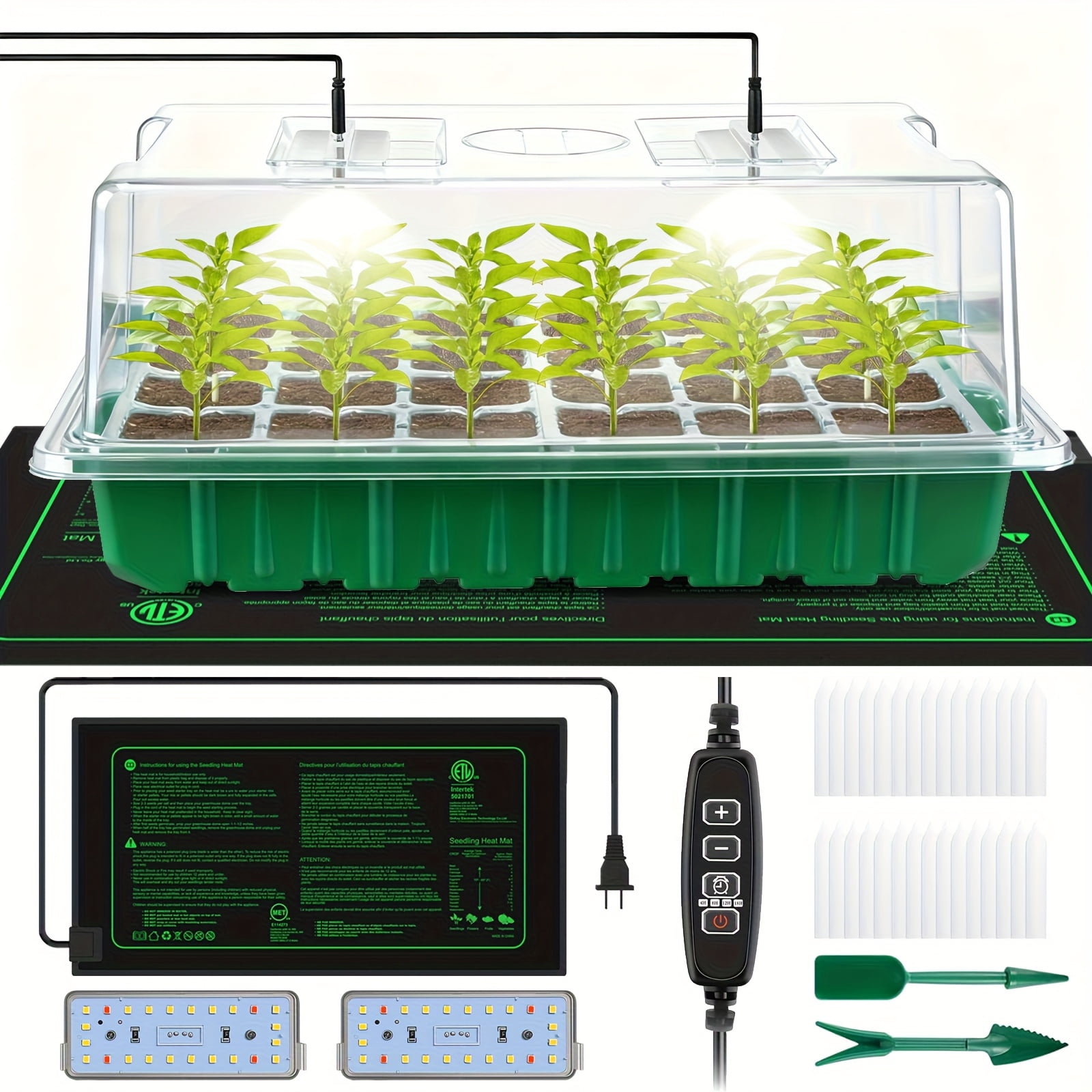 Seed Starter Tray with Grow Light & Heat Mat, 24 XL Cells, Humidity Dome & Base for Germination & Plant Propagation