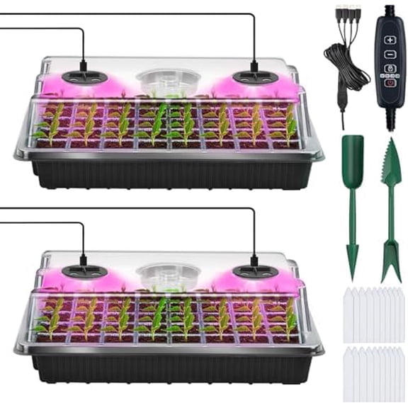 Seed Starter Tray with Grow Light, Seed Starter Kit with Timing Controller Adjustable Brightness, 80 Cells Seed Trays for Indoor Planting with Humidity Domes Heightened Lids 2 Pack, Black