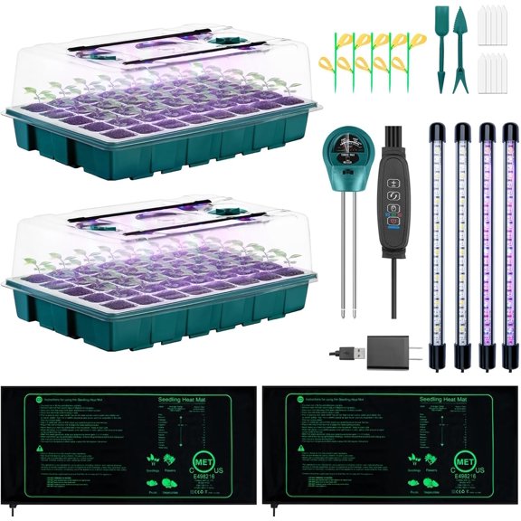 Seed Starter Tray with Grow Lights and Heat Mat, 3-in-1 Soil Meter, 80-Cell Seed Growing Tray, Germination & Plant Propagation Station for Indoor Plants 2-Pack
