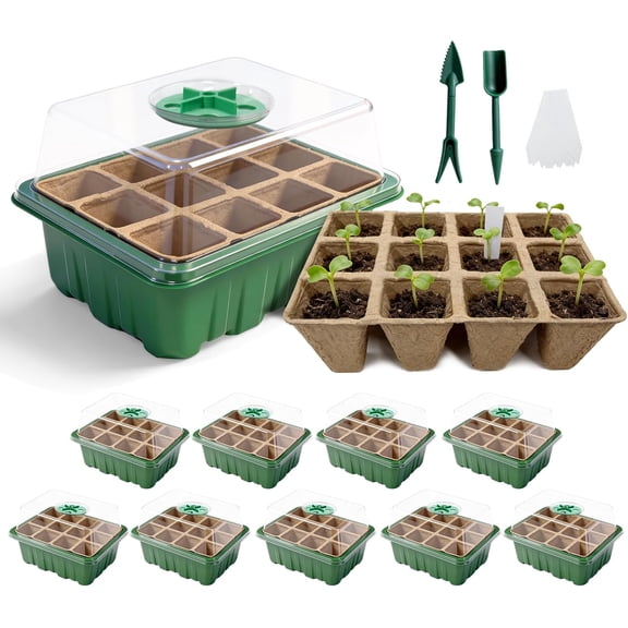 Seed Starter Tray Kit 10 Pack, Seed Starting Trays with Humidity Dome (120 Cells Total), Plant Germination Trays Complete Mini Greenhouse for Seed Growing & Seedlings