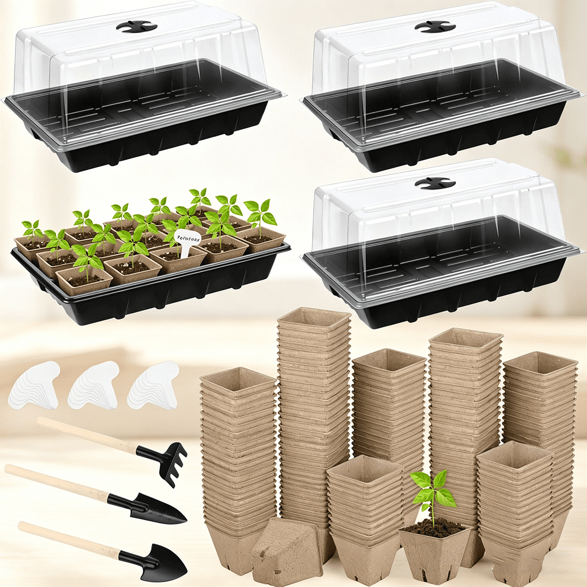 Seed Starter Tray Kit, 120 Square Seed Peat Pots for Seedlings with Plants Labels, Planting Tools, Plastic Growing Germination Trays with Lids for Indoor Outdoor Gardening