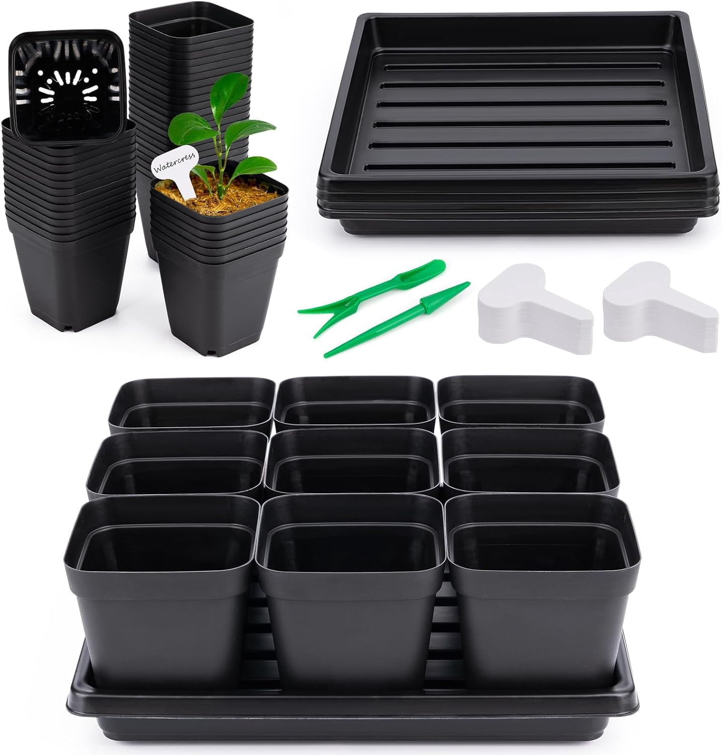 Seed Starter Tray Kit 3.5" 50 Pcs Square Nursery Pots Trays 9 Cell Seed Starting Pots with Drainage Holes 5 Pcs Seed Starting Trays 20 Plant Labels Planting Tool and 1 Pen Planter Nursery Propagation