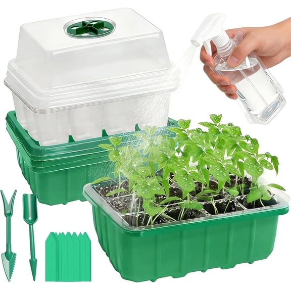 Seed Starter Tray Kit, 5 Pcs Starting Trays with Humidity Dome and Base Plant Kit for Germination Growing, Labels Foldable Watering Can